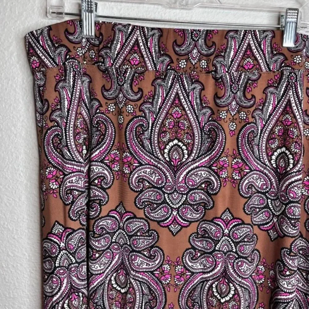 Bob Mackie Paisley Midi Skirt L Boho Chic Stretch Pull-On Pink Brown